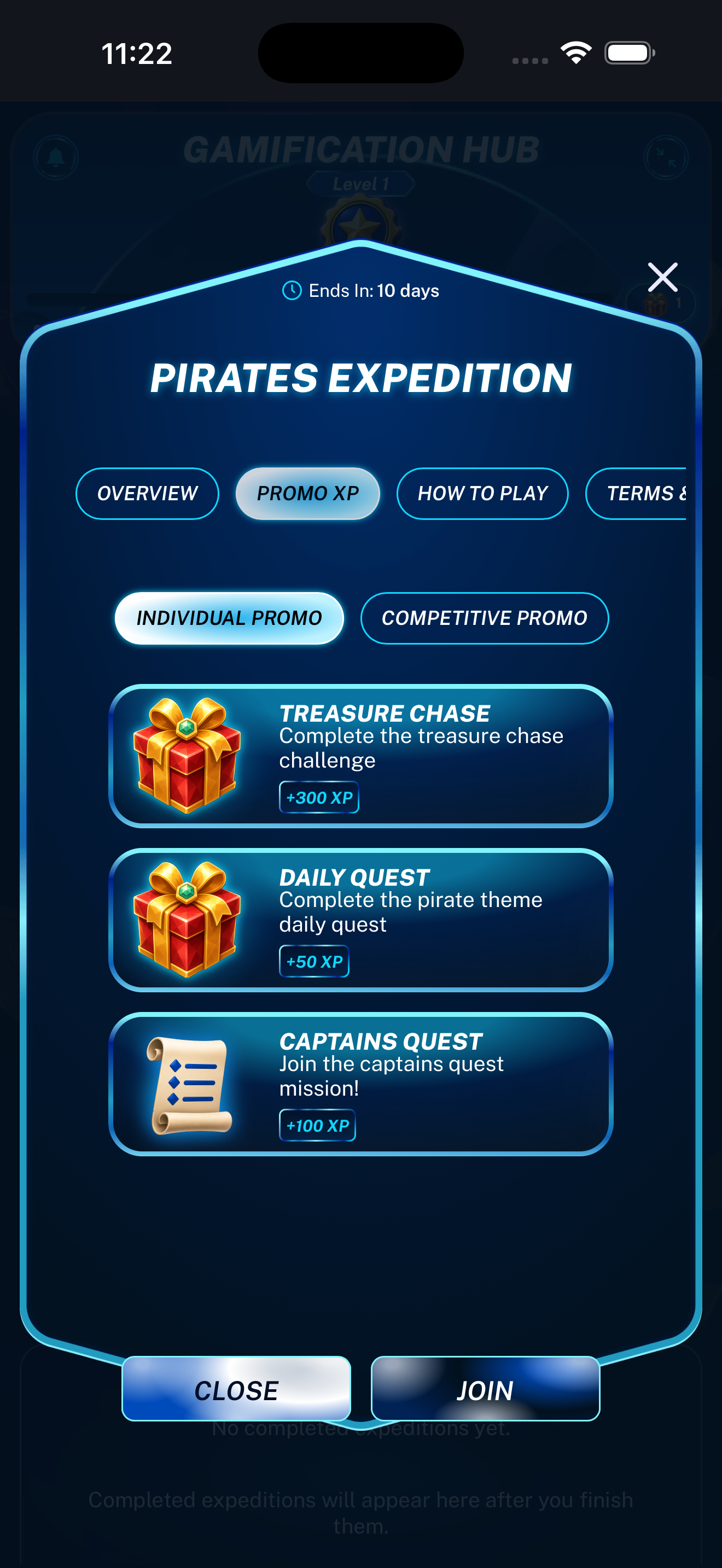 Expedition Promo XP tab displayed on a mobile phone